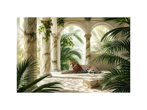 Leopard in tropical marble pavilion for stylish living room wall decor.