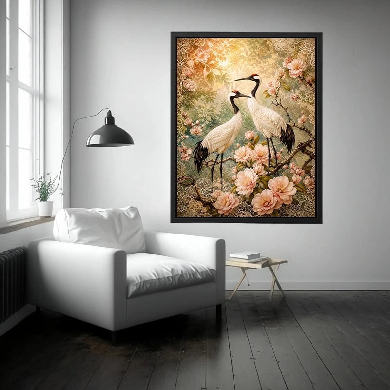 Elegant cranes with cherry blossoms for stylish living room wall decor.