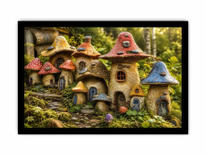 Fantasy mushroom cottage village for stylish living room wall decor.
