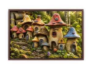 Fantasy mushroom cottage village for stylish living room wall decor.
