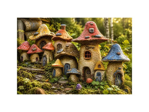 Fantasy mushroom cottage village for stylish living room wall decor.