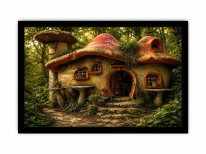 Whimsical mushroom house in forest for stylish living room wall decor.