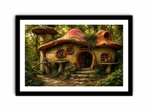 Whimsical mushroom house in forest for stylish living room wall decor.