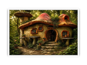 Whimsical mushroom house in forest for stylish living room wall decor.