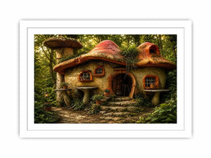 Whimsical mushroom house in forest for stylish living room wall decor.