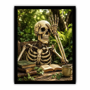 Vintage skeleton reading books outdoors for stylish living room wall decor.