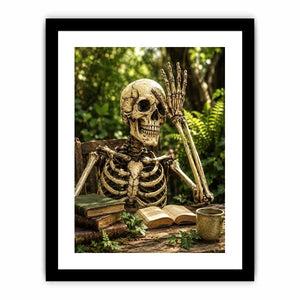 Vintage skeleton reading books outdoors for stylish living room wall decor.