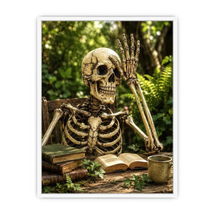 Vintage skeleton reading books outdoors for stylish living room wall decor.
