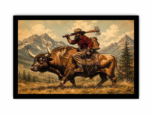 Western cowboy riding bull through mountains for stylish living room wall decor.
