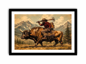 Western cowboy riding bull through mountains for stylish living room wall decor.