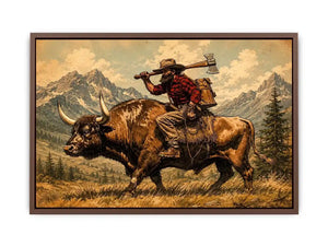 Western cowboy riding bull through mountains for stylish living room wall decor.