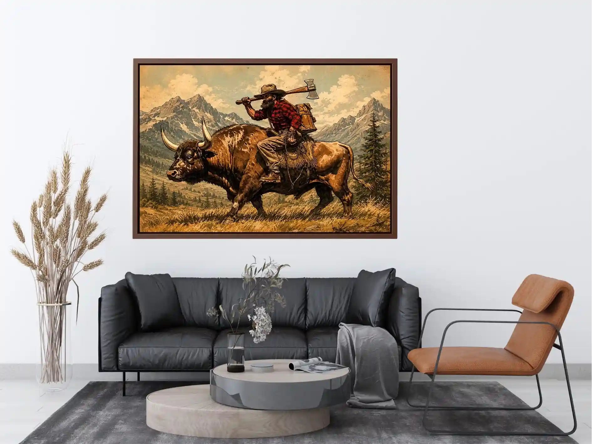 Western cowboy riding bull through mountains for stylish living room wall decor.