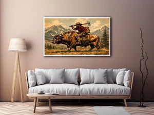 Western cowboy riding bull through mountains for stylish living room wall decor.