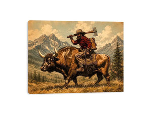 Western cowboy riding bull through mountains for stylish living room wall decor.