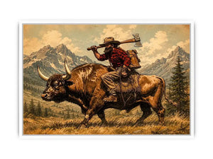 Western cowboy riding bull through mountains for stylish living room wall decor.