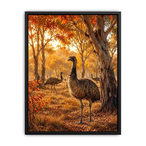 Autumn Emu Grove watercolor style canvas art for elegant modern home decor.
