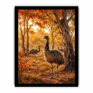 Autumn Emu Grove watercolor style canvas art for elegant modern home decor.