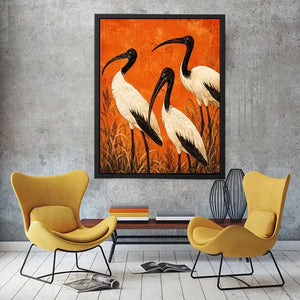 Crimson Ibis Trio watercolor style canvas art for elegant modern home decor.