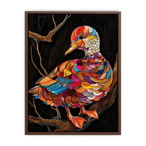 Colorful mosaic duck illustration perched on branch vibrant modern wall art