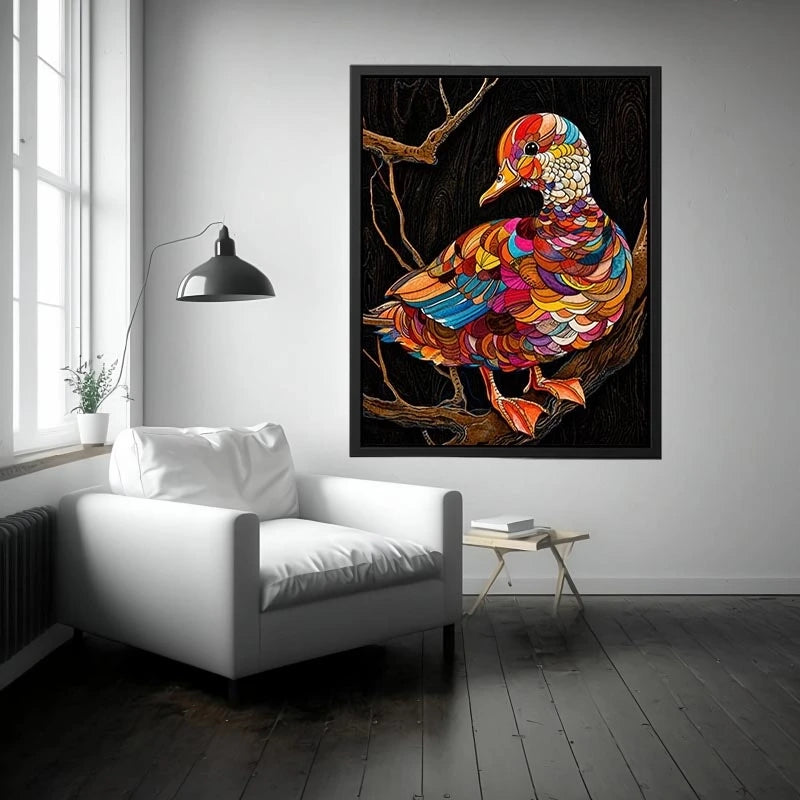 Colorful mosaic duck illustration perched on branch vibrant modern wall art