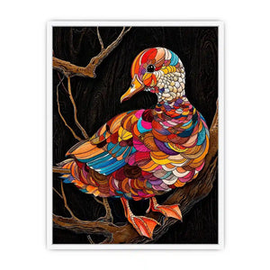 Colorful mosaic duck illustration perched on branch vibrant modern wall art