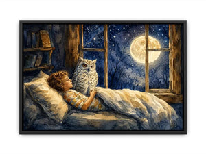 Moonlit Owl Dreams watercolor style canvas art for elegant modern home decor.