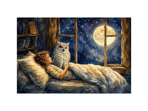Moonlit Owl Dreams watercolor style canvas art for elegant modern home decor.