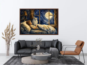 Moonlit Owl Dreams watercolor style canvas art for elegant modern home decor.