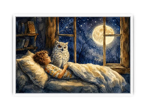 Moonlit Owl Dreams watercolor style canvas art for elegant modern home decor.