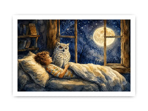 Moonlit Owl Dreams watercolor style canvas art for elegant modern home decor.
