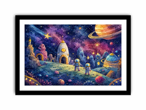 Cosmic Explorer Village watercolor style canvas art for elegant modern home decor.