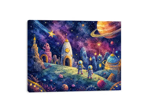 Cosmic Explorer Village watercolor style canvas art for elegant modern home decor.