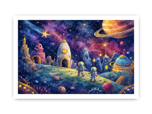 Cosmic Explorer Village watercolor style canvas art for elegant modern home decor.