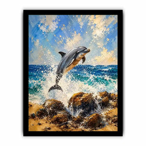 Coastal Dolphin Splash watercolor style canvas art for elegant modern home decor.