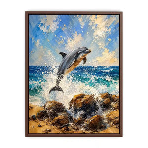 Coastal Dolphin Splash watercolor style canvas art for elegant modern home decor.