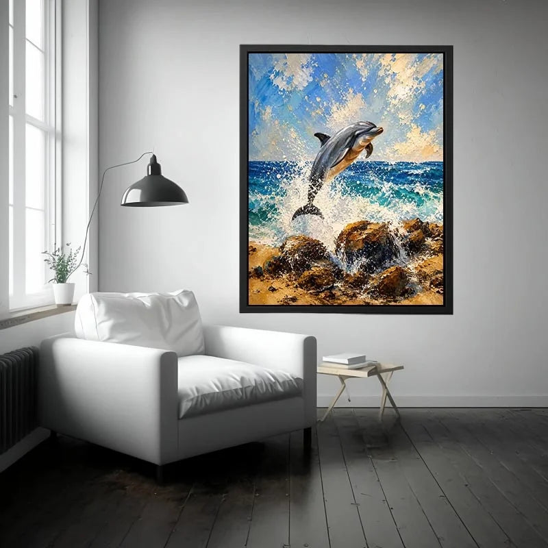 Coastal Dolphin Splash watercolor style canvas art for elegant modern home decor.