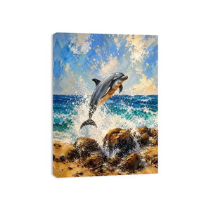 Coastal Dolphin Splash watercolor style canvas art for elegant modern home decor.