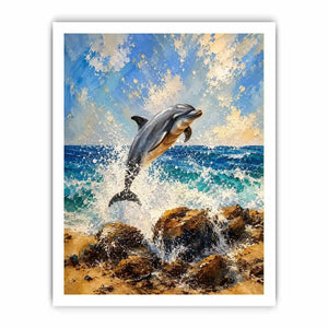 Coastal Dolphin Splash watercolor style canvas art for elegant modern home decor.