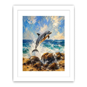 Coastal Dolphin Splash watercolor style canvas art for elegant modern home decor.