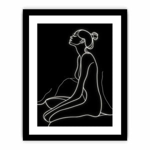 Minimal glowing line art of a seated woman for modern bedroom and living room decor.