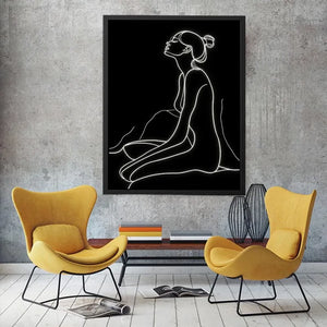 Minimal glowing line art of a seated woman for modern bedroom and living room decor.