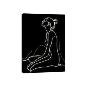 Minimal glowing line art of a seated woman for modern bedroom and living room decor.