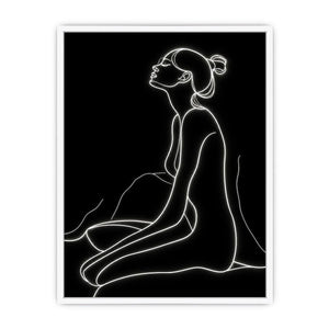 Minimal glowing line art of a seated woman for modern bedroom and living room decor.