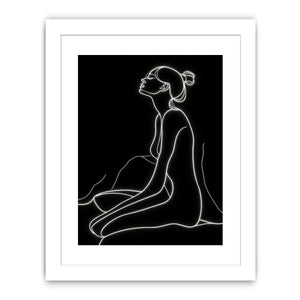 Minimal glowing line art of a seated woman for modern bedroom and living room decor.