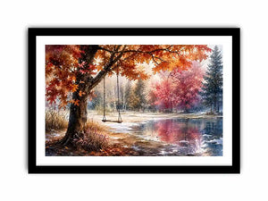 Watercolor autumn landscape with lakeside swing for warm living room decor.