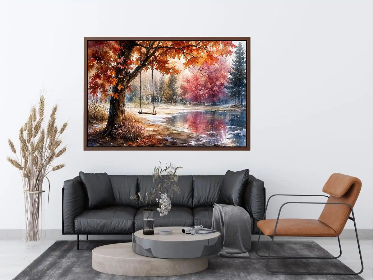 Watercolor autumn landscape with lakeside swing for warm living room decor.