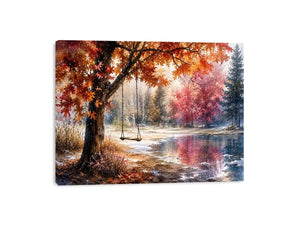 Watercolor autumn landscape with lakeside swing for warm living room decor.