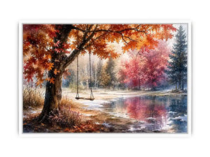 Watercolor autumn landscape with lakeside swing for warm living room decor.