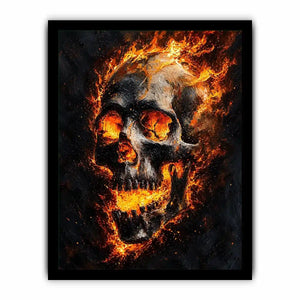 Fiery skull artwork with glowing flames for dramatic office or mancave decor.