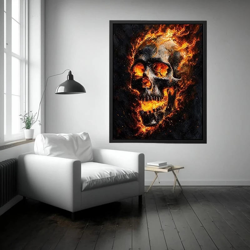 Fiery skull artwork with glowing flames for dramatic office or mancave decor.
